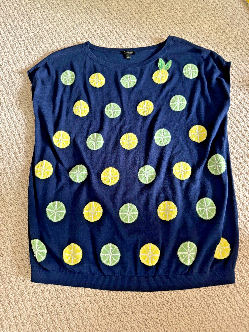Talbots Navy Blue Sweater Vest Lemon Lime Slice Print Size XP Blue Embroidered